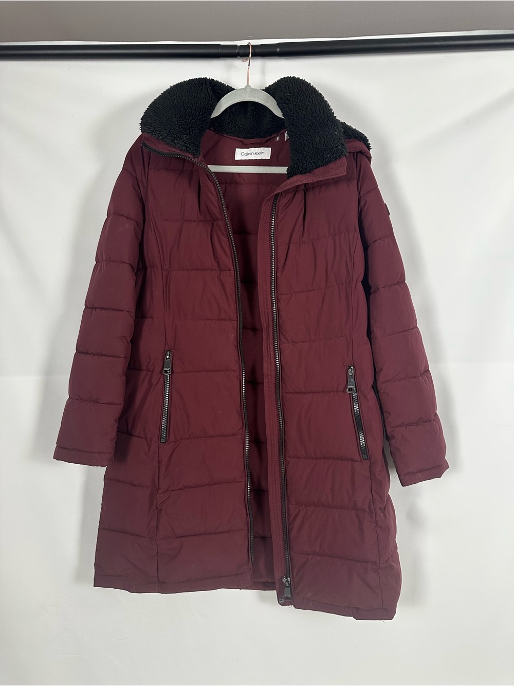 Calvin Klein Women's Burgundy Quilted Puffer Coat with Black Sherpa Hood
